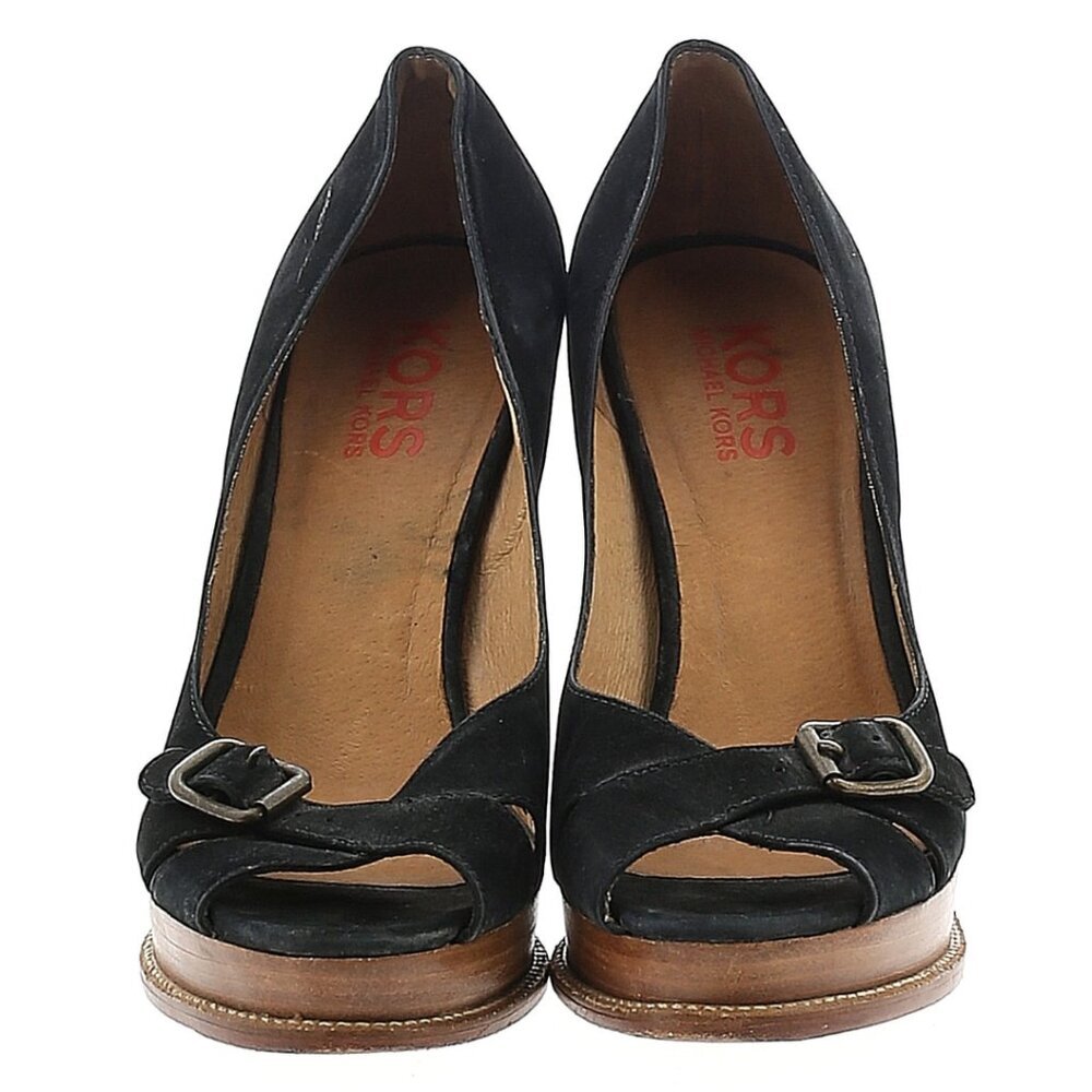 KORS Michael Kors Suede Platform Peep Toe Heels Wood Stack Sz 10M - Picture 3 of 7